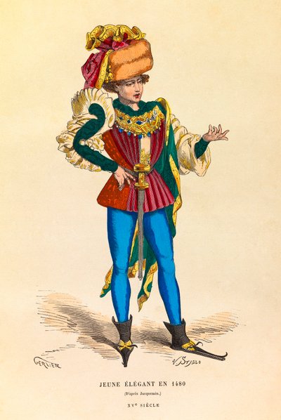 Portret i strój młodego elegancka w Paryżu w 1480 r., rycina - kolekcja prywatna autorstwa Anonymous Anonymous