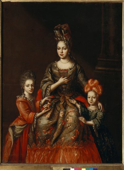„Portret Anastazji Naryszkiny, żony gubernatora Sankt Petersburga oraz jej córek Aleksandry i Tatiany”” Anonimowy obraz, początek XVIII wieku, wymiary 180x130,8 cm Państwowa Galeria Trietiakowska, Moskwa autorstwa Anonymous Anonymous
