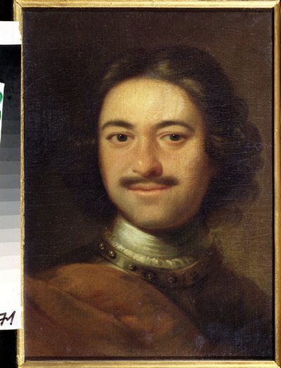 Portret cesarza Piotra I Wielkiego (1672-1725) (Portret cesarza Piotra I Wielkiego). Anonimowe malowanie. Olej na płótnie, 48,5 x 37 cm, początek XVIII wieku. Klasycyzm. Państwowe Centralne Muzeum Marynarki Wojennej w Sankt Petersburgu. autorstwa Anonymous Anonymous