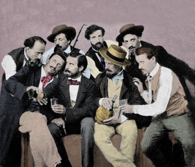 Portretowa grupa artystów (Macchiaioli) we Florencji: wśród nich u góry od lewej do prawej Gaetano Bianchi, Cristiano Banti, Vito d
