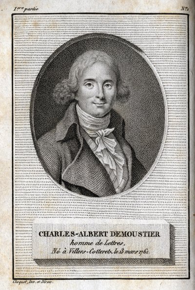 Portret Charlesa Alberta Demoustiera (1760-1801) pisarza francuskiego. Rycina z 1819 r. w „Lettres a Emilie sur la mitologie” Charlesa Alberta Demoustiera (1760-1801). Prywatna kolekcja. autorstwa Anonymous Anonymous