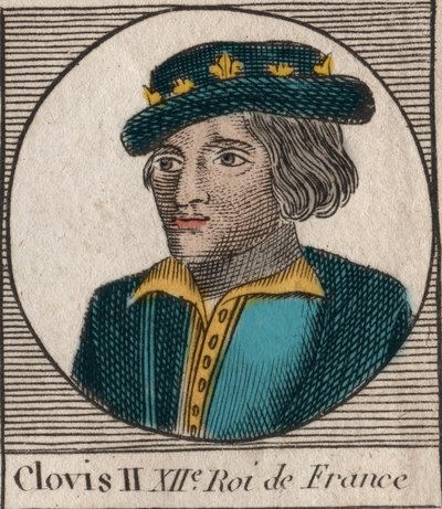 Portret Chlodwiga II, króla franków (v.633-657) - Chlodwiga II (c.634-657), króla Franków Merowingów w Neustrii i Burgundii (639-657) - rycina z „”Instruction sur l