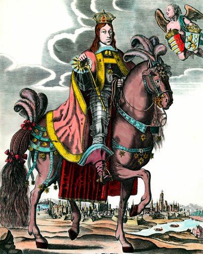 Portret Leopolda I, Świętego Cesarza Rzymskiego - Konny Portret Leopolda I (1640 - 1705) Król Węgier, Czech, Dalmacji, Chorwacji i cesarz germański. Rycina z XVII wieku. Prywatna kolekcja. autorstwa Anonymous Anonymous