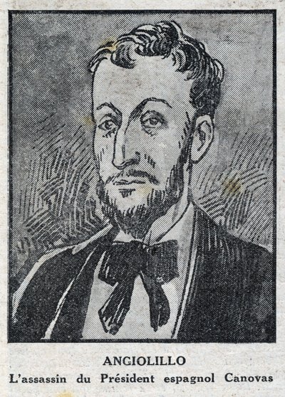 Portret Michele Angiolillo Lombardiego dit Jose Sants lub Rinaldiniego, włoskiego anarchisty (1871-1897) zabójcy przewodniczącego Rady Hiszpańskiej Antonio Canovas del Castillo (1828-1897). Grawerowanie w „”L