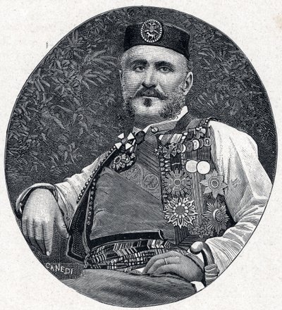 Portret Mikołaja I Czarnogóry (Nikola I Petrovic-Njegos) (Petrovic Njegos) (1841-1921), księcia Czarnogóry i Berdy. Grawer w „Les Missions Catholiques au XIXeme Siecle” Louis-Eugene (Louis Eugene) Louvet. prywatna kolekcja. autorstwa Anonymous Anonymous