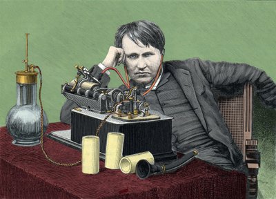 Portret Thomasa Edisona (1847-1931), amerykańskiego fizyka, z jego fonografem. Rycina z około 1900 roku. autorstwa Anonymous Anonymous