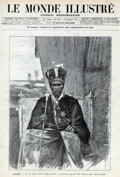 Portret Tofy I (Toffa) (ok. 1850-1908), króla Dahomeju (Benin) do Porto Novo (Porto-Novo). Gazeta. Grawer „Le monde illustree” z 1892 r. Ze zbiorów prywatnych. autorstwa Anonymous Anonymous