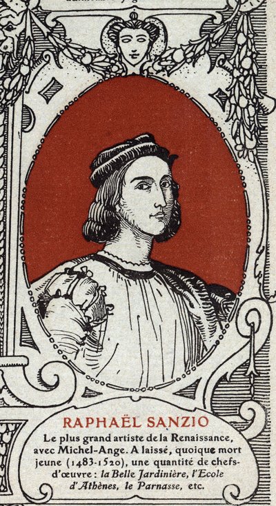 Portret włoskiego malarza renesansowego Rafaela (Raffaello Sanzio 1483-1520). Rycina z 1914 r. Ze zbiorów prywatnych. autorstwa Anonymous Anonymous