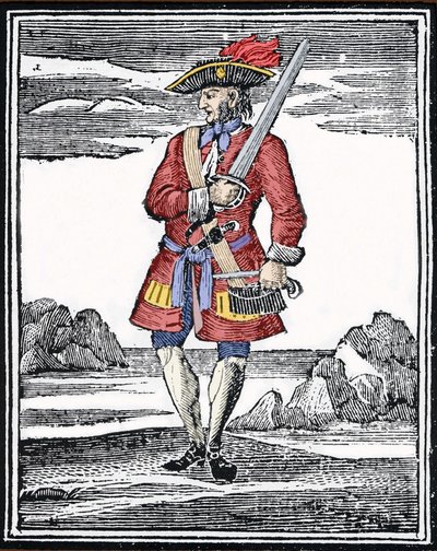 Portret pirata Jacka Rackhama mówi Czerwony lub John Rackham, lepiej znany jako Calico Jack (?1720). Rytownictwo. autorstwa Anonymous Anonymous