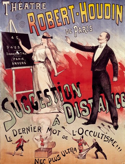 Plakat prezentujący spektakl „Sugestia na odległość” w Theatre Robert Houdin w Paryżu, założony przez Jean-Eugene Robert Houdin (1805-1871) autorstwa Anonymous Anonymous