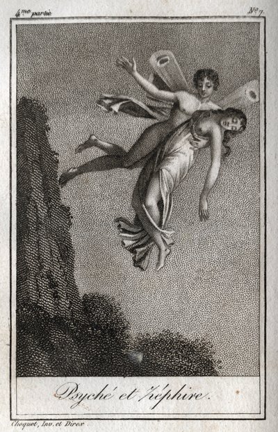 Psyche porwana przez Zephyra. Rycina z 1819 r. w „Lettres a Emilie sur la mitologie” Charlesa Alberta Demoustiera (1760-1801). Prywatna kolekcja. autorstwa Anonymous Anonymous
