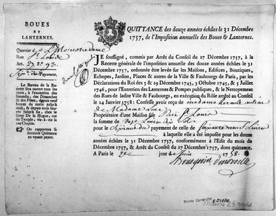 Pokwitowanie z Urzędu Skarbowego o zapłacie podatków od błota i lampionów z grudnia 1757 r. autorstwa Anonymous Anonymous