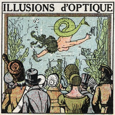 Odbicie światła: złudzenie optyczne. Używanie lodów, aby dać iluzję kobiecej ryby. Anonimowa ilustracja z 1925 r. Ze zbiorów prywatnych. autorstwa Anonymous Anonymous