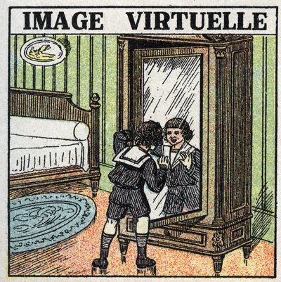Odbicie światła: wirtualny obraz. Dziecko kontemplujące swoje odbicie w lustrze. Anonimowa ilustracja z 1925 r. Ze zbiorów prywatnych. autorstwa Anonymous Anonymous