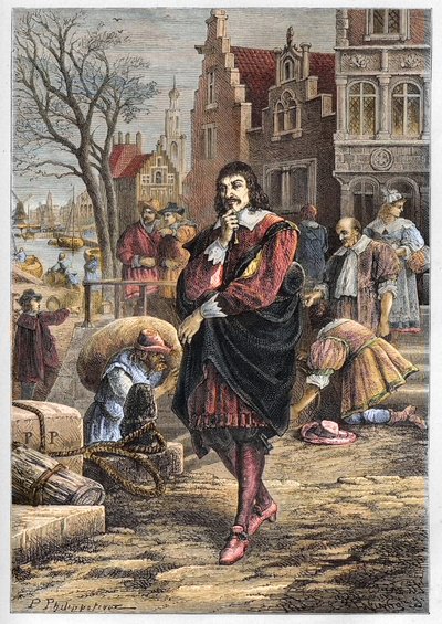 Rene Descartes (1596-1650), francuski filozof i matematyk spacerujący ulicami Amsterdamu - Kartezjusz w Amsterdamie - grawer z „” L’histoire de France tellee à mes grandsenfants” – Francois Guizot - 1872-1876 autorstwa Anonymous Anonymous