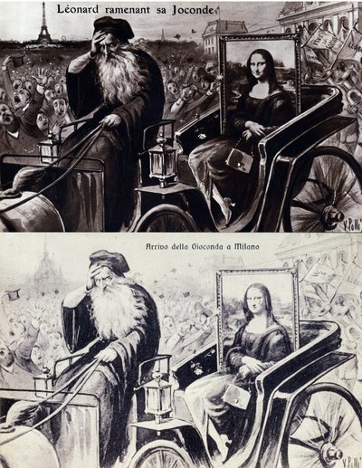 Reprezentacja Leonarda de Vinci (Leonardo da Vinci) (1452-1519) przywracająca jego dzieło „Mona Lisa” (Mona Lisa, Monna Lisa) po kradzieży dzieła przez Vincenzo Peruggia (1881-1925) dnia 21.08.1911 r. Pocztówka komediowa autorstwa Anonymous Anonymous