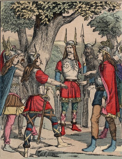 Reprezentacja Wercyngetoryksa (ok. 80-c. 46 pne) wojownika i galijskiego przywódcy plemienia Arwernów wybranego przez swój lud do prowadzenia wojny z Rzymianami” (Portret Wercyngetoryksa (82 pne-46 pne) wodza plemienia Arwernów, wybrany przez jego lud do p autorstwa Anonymous Anonymous