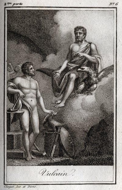Reprezentacja Wulkana, boga ognia, kuźni i wulkanów. (Wulkan, bóg ognia i wulkanów). Rycina z 1819 r. w „Lettres a Emilie sur la mitologie” Charlesa Alberta Demoustiera (1760-1801). Prywatna kolekcja. autorstwa Anonymous Anonymous
