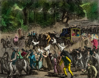 Powrót rodziny królewskiej do Paryża po jego ucieczce do Varennes w 1791 roku, Grawerowanie, Zbiory prywatne autorstwa Anonymous Anonymous
