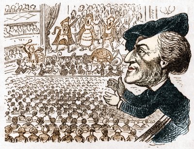 Richard Wagner zatrudnia setki śpiewaków, muzyków, miliony ludzi wynajmują miejsca i tylko on bije brawo. Karykatura niemieckiego kompozytora Richarda Wagnera (1813 - 1883) z Les moreurs et la caricature en allemand autorstwa J. Grand-Cartereta. Około 18 autorstwa Anonymous Anonymous