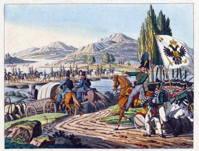 Armia rosyjska przekracza rzekę Prut do Mołdawii w maju 1828 r. - Anonim - 1829 - Akwaforta, akwarela - 37,9x24,4 - Kolekcja prywatna autorstwa Anonymous Anonymous