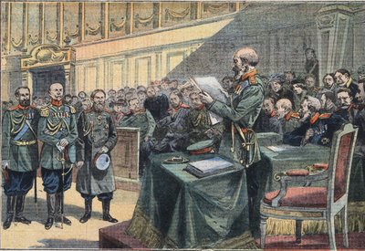Wojna rosyjsko-japońska: Epilog oblężenia Port Arthur (Port Arthur). Skazanie generała Stoessela, generała Focka udzielono nagany, a generałów Reiss i Smyrnoffa uniewinniono Grawerowanie z gazety „Le Petite Parisien”” autorstwa Anonymous Anonymous