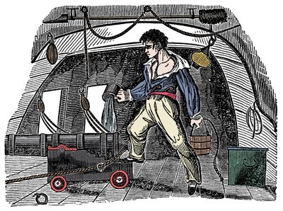 Sabotaż: marynarz rzucający wodę na proch strzelniczy Grawerunek Charlesa Ellmsa „The Pirates Własna książka” autorstwa Anonymous Anonymous
