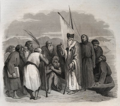 Święty Atanazy Aleksandryjski (Atanazy Wielki) (295-373) odwiedzający samotniki Egiptu. Rycina z 1846 r. w „Żywotach świętych”. Prywatna kolekcja. autorstwa Anonymous Anonymous