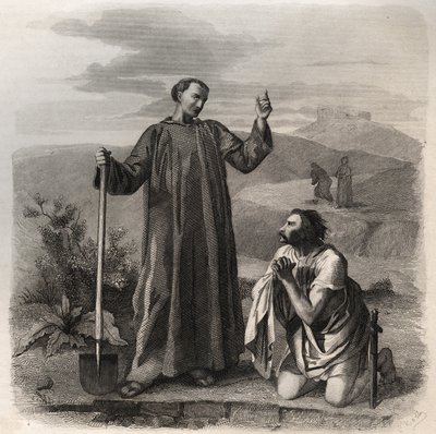 Św. Benedykt z Nursji witający króla Ostrogotów Totili (VI w.). Rycina z 1846 r. w „Żywotach świętych”. Prywatna kolekcja. autorstwa Anonymous Anonymous