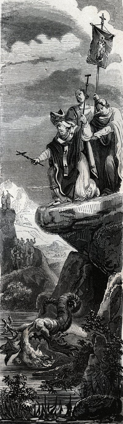 Święty Front (pierwszy ewangelizator Perigordu) (III w.) strącający smoka w Dordonii - Rycina z 1846 r. w „Żywotach świętych””. Prywatna kolekcja. autorstwa Anonymous Anonymous
