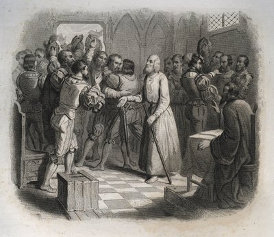 Święty Mikołaj (Mikołaj) z Flue lub brat Klaus (1417-1487), szwajcarski pustelnik godzący konfederatów szwajcarskich, którzy mieli rozpocząć wojnę domową. Rycina z 1846 r. w „Żywotach świętych”. Prywatna kolekcja. autorstwa Anonymous Anonymous