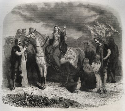 Św Radegonde (Radegonde de Poitiers, 519-587) spalił świątynię Paian i nawrócił Galów na religię chrześcijańską. Rycina z 1846 r. w „Żywotach świętych”. Prywatna kolekcja. autorstwa Anonymous Anonymous