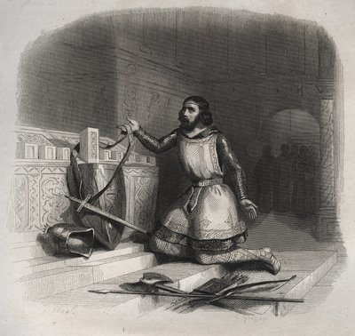 Św. Wilhelm z Akwitanii (Guilhem z Gellone) (ok. 750/755-812/815) kładący ręce na grobie św. Juliana Męczennika w Brioude. Rycina z 1846 r. w „Żywotach świętych”. Prywatna kolekcja. autorstwa Anonymous Anonymous