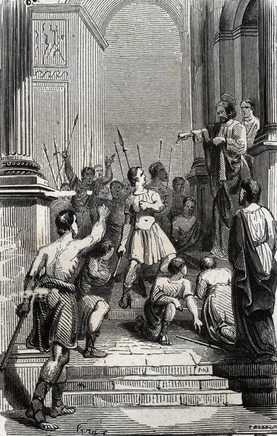 Saturnin z Tuluzy (Święty Sernin, pierwsza chrześcijańska epoka Tuluzy) (III w.) zatrzymał się w stolicy Tuluzy - Rycina z 1846 r. w „Życiu świętych””. Prywatna kolekcja. autorstwa Anonymous Anonymous