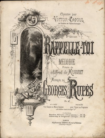 Partytura melodii „”zapamiętaj-se”” Georgesa Rupesa według poezji Aldre de Musset. Prywatna kolekcja. autorstwa Anonymous Anonymous
