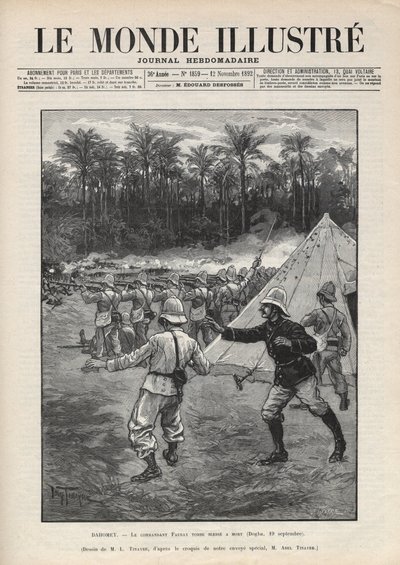 Druga wojna w Dahomeju (1892-1894): śmierć francuskiego dowódcy Fauraxa podczas bitwy pod Dogba 19 września 1892 w Dahomeju (obecnie Benin). Gazeta. Grawer „Le monde illustree” z 1892 r. Ze zbiorów prywatnych. autorstwa Anonymous Anonymous