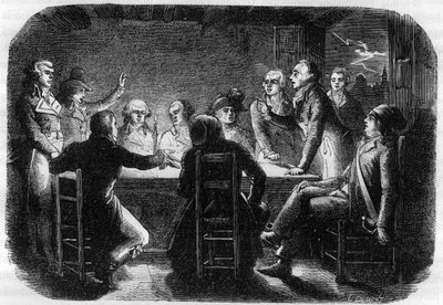 Tajny sobór w Charenton - Spisek Charentona Maj 1793 - Żyrondyści oskarżyli Georgesa Jacquesa Dantona o spisek z Komuną Paryską (byli obecni podczas spotkania Georges Danton, Maximilien z Robespierre, Claude Basire, Francois Chabo autorstwa Anonymous Anonymous