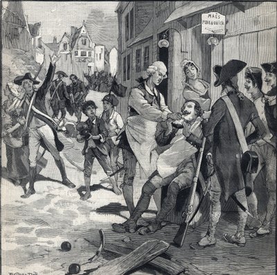 Oblężenie Lille w 1792 r.: Peruka Maes używająca roztrzaskanej bomby jako miski do brody, aby ogolić klienta. Grawer w „Le petit parisien”” z dnia 16.10.1892. Prywatna kolekcja autorstwa Anonymous Anonymous