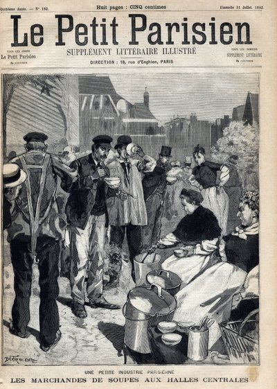 Mały przemysł paryski: kupcy zup na rynkach centralnych. Rytownictwo. Jedna z gazet „Le petit parisien”” z 31.07.1892. Prywatna kolekcja autorstwa Anonymous Anonymous