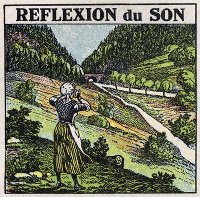 Energia dźwięku: odbicie dźwięku przez zjawisko echa. Anonimowa ilustracja z 1925 r. Ze zbiorów prywatnych. autorstwa Anonymous Anonymous