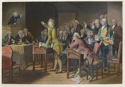 Ustawa stemplowa (ustawa o obowiązkach w koloniach amerykańskich) — przywódca amerykańskiego rewolucjonisty Patrick Henry (1736-1799) wypowiadający się przeciwko ustawie stemplowej w domu Burgessów w Wirginii w 1765 r. — Przemówienie Patricka Henry