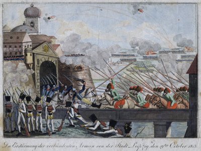 Szturm na Lipsk przez wojska alianckie - bataille de Leipzig ou bataille des nations (16-19 października 1813) - Anonimowy - 1813 - Akwaforta, akwarela - 33,3x27 - Kolekcja prywatna autorstwa Anonymous Anonymous