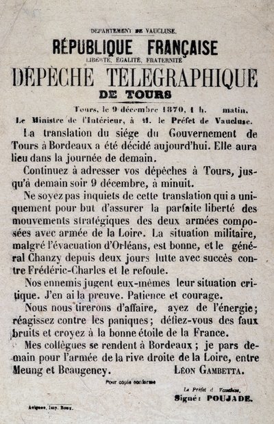 Wiadomości telegraficzne z Tours z 9.12.1870 autorstwa Léona Gambetty. autorstwa Anonymous Anonymous