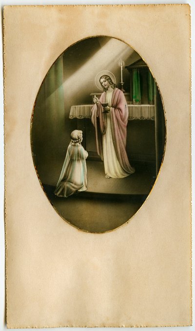 Eucharystia, Komunia Święta, Sakrament Ołtarza: dziecko przed Jezusem (rycina) autorstwa Anonymous Anonymous