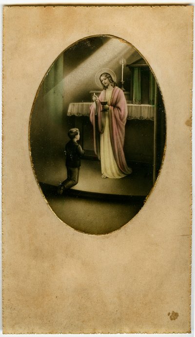 Eucharystia, Komunia Święta, Sakrament Ołtarza: dziecko przed Jezusem (rycina) autorstwa Anonymous Anonymous