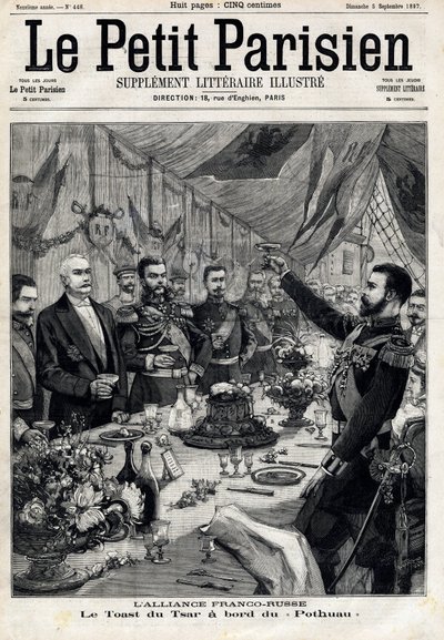 Sojusz francusko-rosyjski: toast cara Mikołaja II (1868-1918) na cześć prezydenta Francji Feliksa Faure (1841-1899) na pokładzie Pothau. W „Le Petit Parisien”” w dniu 5/09/1897. Prywatna kolekcja autorstwa Anonymous Anonymous