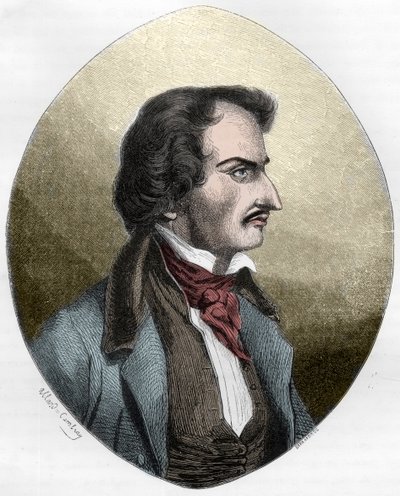 Francuski poeta i zabójca, Pierre Francois Lancenaire (Lacenaire) - Pierre Francois Lacenaire (1803-1836), francuski dandys, poeta, literat - Grawerowanie z 1863 r. w „Le Livre Rouge - Histoire De L