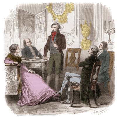 Żyrondyści w domu Madame Roland - Reunion des Girondins chez Madame Roland (Manon (Jeanne Marie) Roland Philipon) (1754-1793) - Grawerowanie w „Histoire des Girondins” Alphonse de Lamartine (1790-1869) 1865-1866 - Prywatne kolekcja autorstwa Anonymous Anonymous