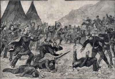 Powstanie indyjskie w Stanach Zjednoczonych: walka między Indianami Siuksów a wojskami amerykańskimi. Grawer w „Le petit Parisien”” z 1891 r. Ze zbiorów prywatnych. autorstwa Anonymous Anonymous
