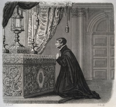 Włoski jezuita Louis de Gonzague (San Luigi Gonzaga) (1568-1591) w modlitwie. Rycina z 1846 r. w „Żywotach świętych”. Prywatna kolekcja. autorstwa Anonymous Anonymous